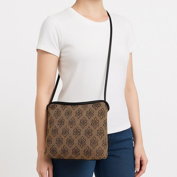 Stone Mountain Tan & Black Floral Tapestry Shoulder Bag with Faux Leather Base & - Picture 7 of 7